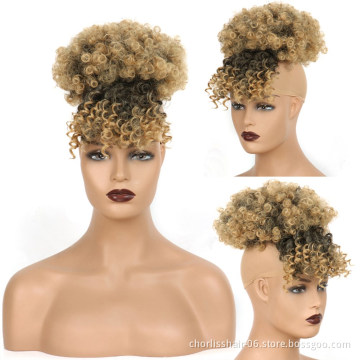 Hot Sale Ombre Chignon With Bangs Kinky Curly Bun Hairpieces Short Afro Fluffy Puff Synthetic Hair Extensions For Black Woman